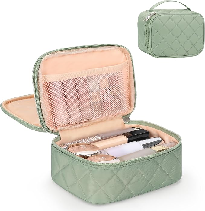 Relavel Travel Makeup Bag, Cosmetic Bag for Girls with 2 Makeup Brush Holders, Portable Makeup Pouch for Women, Cute Toiletry Bag with Double Layer Organizer - Green