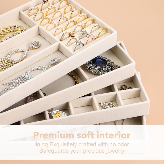 Jewelry Drawer Organizer Tray Set of 4 Stackable Velvet Jewelry Trays Drawer Inserts Organizer Case Set for Women Jewlery Storage Display Tray for Earrings, Rings, Necklaces, Bracelets, Watch (Beige)