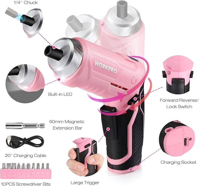 WORKPRO Pink Tool Set with 3.7V Rotatable Electric Screwdriver, 18PCS Portable Ladies Home Tool Kit with Toolbox, Cordless Electric Screwdriver Kit, Household tool kit for Dorm, Apartment -Pink Ribbon | Pink Ribbon, USB-C Rechargeable, Compact Storage ...