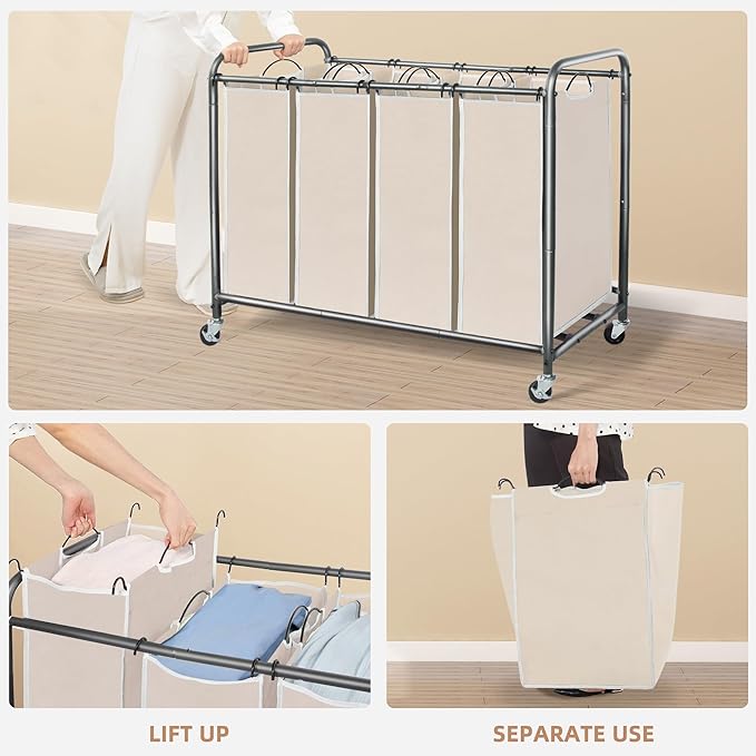 STORAGE MANIAC Laundry Sorter 4 Section, 47.5 Gal (180 L) Laundry Hamper with Wheels, Clothes Divider Basket Sorter, Separator Hamper Cart with Removable Bags, Beige