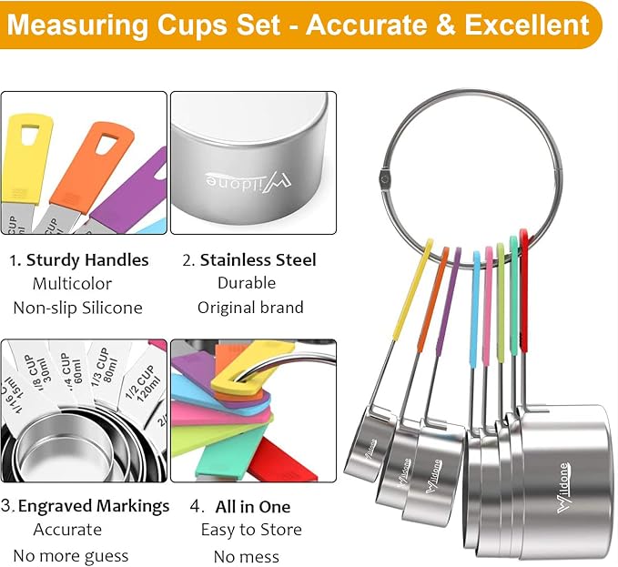 Wildone Stainless Steel 8-Piece Measuring Cups Set with Silicone Handle | Kitchen Gadgets for Cooking & Baking, Dishwasher Safe
