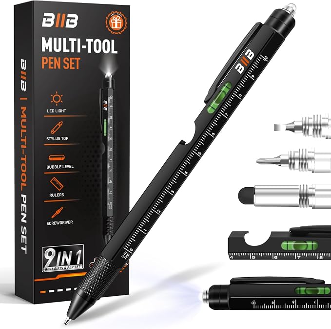 BIIB Gifts for Men 9 in 1 Multitool Pen, Mens Gifts for Him Dad Husband, Birthday Gift for Men Who Have Everything, Dad Gift from Wife Daughter, Unique Tools Gadgets for Mens