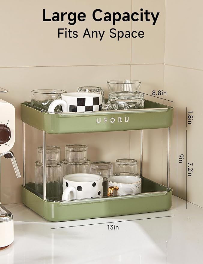 UFORU Countertop Coffee Station Organizer,Cup Rack,Mug & Wine Glass Holder | 2-Tier Green Mug Shelf with Removable Drain Tray,Bathroom Countertop Organizer,Spice Rack for Kitchen