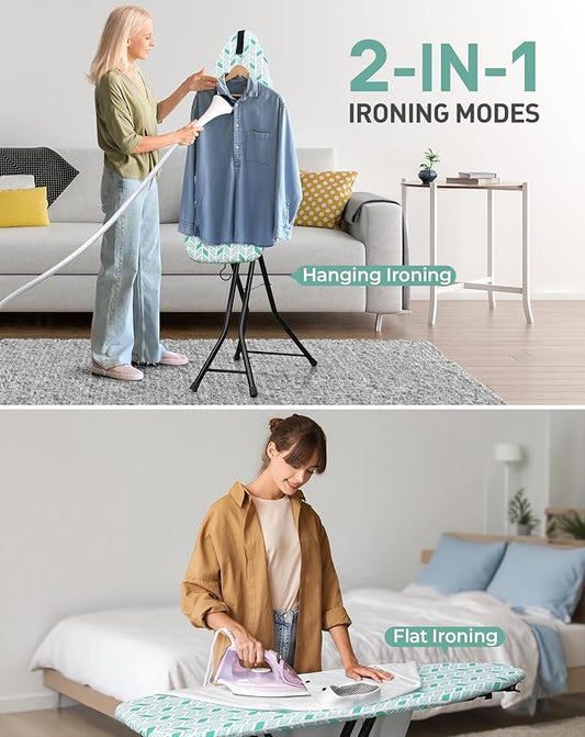 LyriFine Ironing Board, 2-in-1 Ironing and Steaming Board, Sturdy Steel Frame Iron Board with Non-Slip Feet, Heat Resistant Cover Iron Board, Foldable Compact Ironing Board with Hook, 14″ x 43″ Green