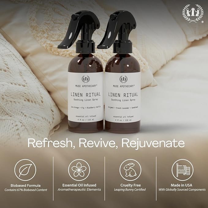 Muse Apothecary Linen Ritual - Aromatic, Soothing, and Relaxing Linen Mist, Laundry and Fabric Spray - Infused with Aromatherapy Essential Oils - 4 oz, Cara Orange + Fig + Blackberry Vanilla