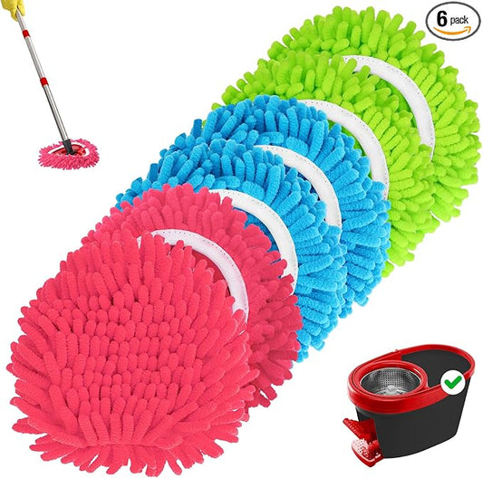 Baderke 6 Pack Chenille Mop Heads Replacements Compatible with 1 Tank System Chenille Duster Replacement Heads Microfiber Spin Mop Refill Pads Reusable Dust Refills for Floor Cleaning (Multicolor)
