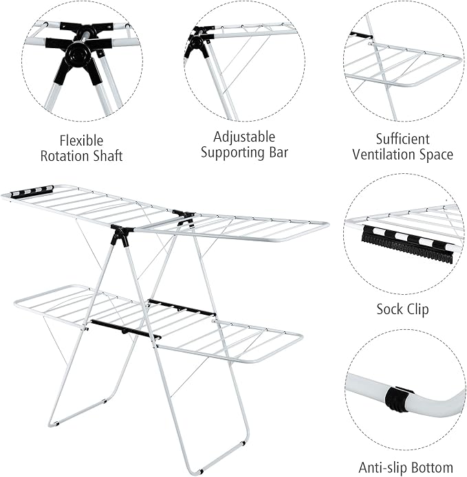 Tangkula Foldable Clothes Drying Rack, 2-Level Folding Drying Rack for Indoor Outdoor Use, Drying Rack Clothing w/Height-Adjustable Gullwing, 33 Drying Rails, Sock Clips