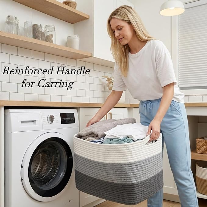 Optish 75L Large Blanket Basket, Woven Storage Baskets with Reinforced Handles, Rope Laundry Basket for Living Room, Bedroom, Nursery, Toys, Clothes,Pillows, 22” x 17” x 11.5”, White & Grey