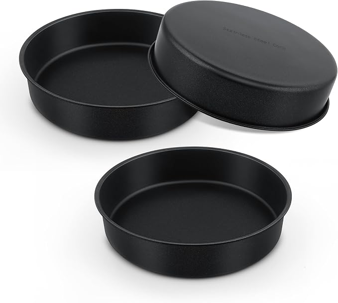 E-far 9.5 Inch Cake Pan Set of 3, Nonstick Round Baking Layer Cake Pans, Stainless Steel Core & Non-Toxic Coating, 2 Inch Deep (Black)