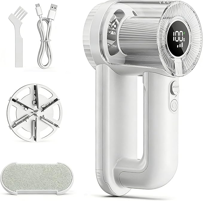 Rechargeable Fabric Shaver Lint Remover, 2-in-1 6-Blade Lint Shaver for Clothes Sweater Furniture, 3-Speed, LED Display, 2000mAh USB-C, 200ml Container, Removes Fuzz & Pilling