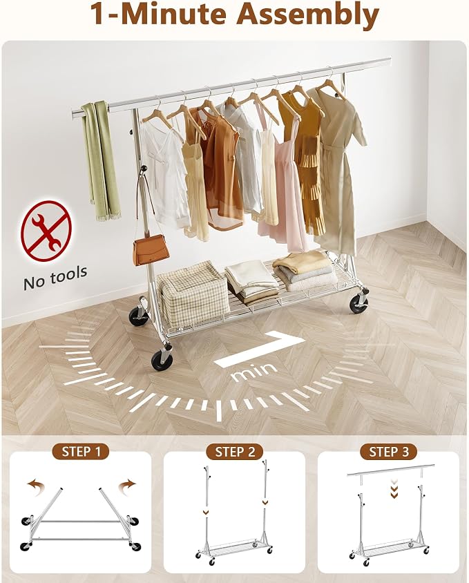 Hoctieon 1-Minute Assembly Clothes Rack, 480 lbs Heavy Duty Rolling Clothing Racks with Wheels, Foldable Garment Rack, Extendable Hanging Bar, Adjustable Metal Pole with Hooks, Chrome