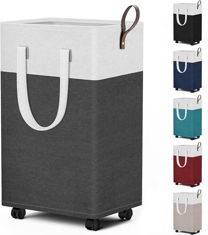 HomeHacks 75L Rolling Laundry Basket with 4 Wheels Collapsible Gray | 4 Wheels, Waterproof PEVA Lining, Cotton Flax Fabric, Metal Frame, Bathroom Laundry Room Dorm Storage, Space-Saving Design