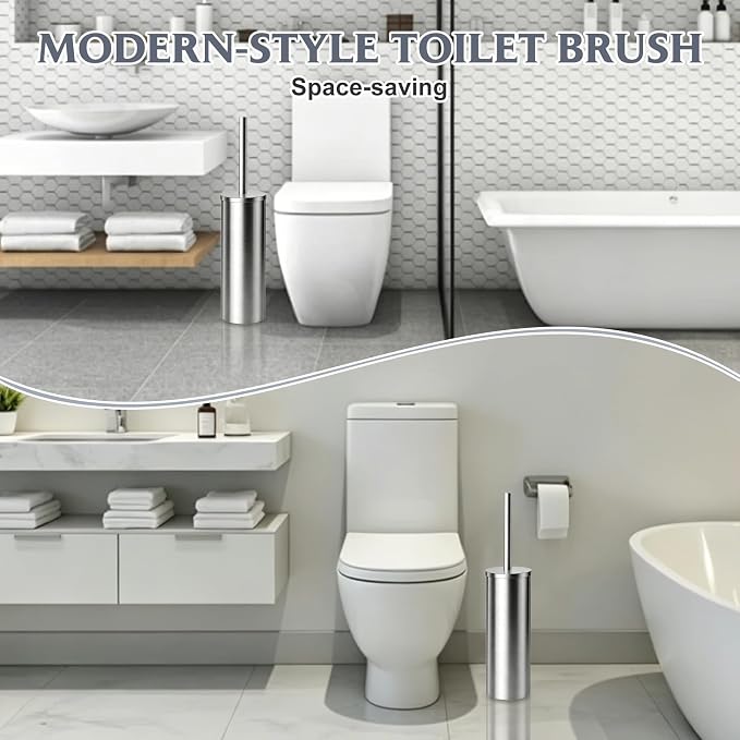 Toilet Brush and Holder Set,Stainless Steel Toilet Bowl Brush and Holder for Bathroom,Hidden Toilet Bowl Brush with 2 Heads,Heavy Duty Cleaner Brush with Removable Inner Bowl and Splash Protection