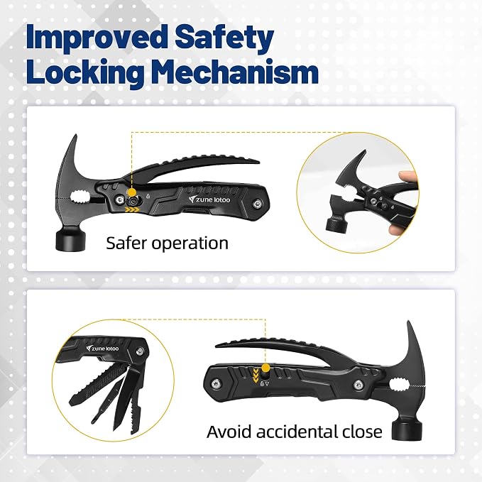 Zune Lotoo 14 in 1 Pocket Hmamer Multitool Gifts for Men | Small Multifunctional Utility Tool Stainless Steel Alloy Portable Compact Survival Hammer for Father, Dad, Handyman, Engineer