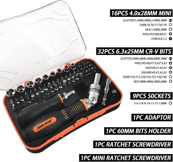 61pcs Ratcheting Screwdriver, Socket & Precision Bit Set | Cr-V Steel, Rotatable Handle, Storage Case Included, Ideal for Bike, Watch & Glasses Repair