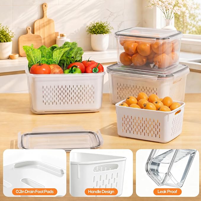JSCARES Fruit Storage Containers for Fridge - 3 Pack Produce Storage Containers with Removable Colander, Leakproof Food Organization Keep Fruits Berry Veggie Salad Meat Fresh Longer