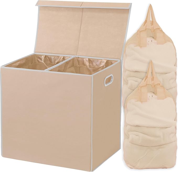 Simple Houseware Double Laundry Hamper with Lid & Removable Bags, Beige