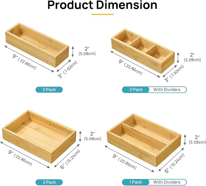 Vtopmart Bamboo Drawer Organizer Boxes - Set of 7 Multi-purpose Wooden Storage Dividers for Kitchen, Bathroom, Office, Desk, Makeup, Jewelry & More, Non-Slip Junk Drawer Organizer Trays for Storage