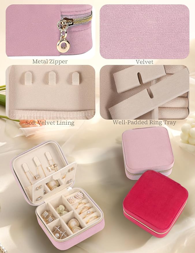 MFXIP Plush Velvet Travel Jewelry Case Small Jewelry Box Jewelry Organizer Storage Case Portable Jewelry Travel Case for Girls Womens Earring, Necklace, Rings,Bracelets with Mirror