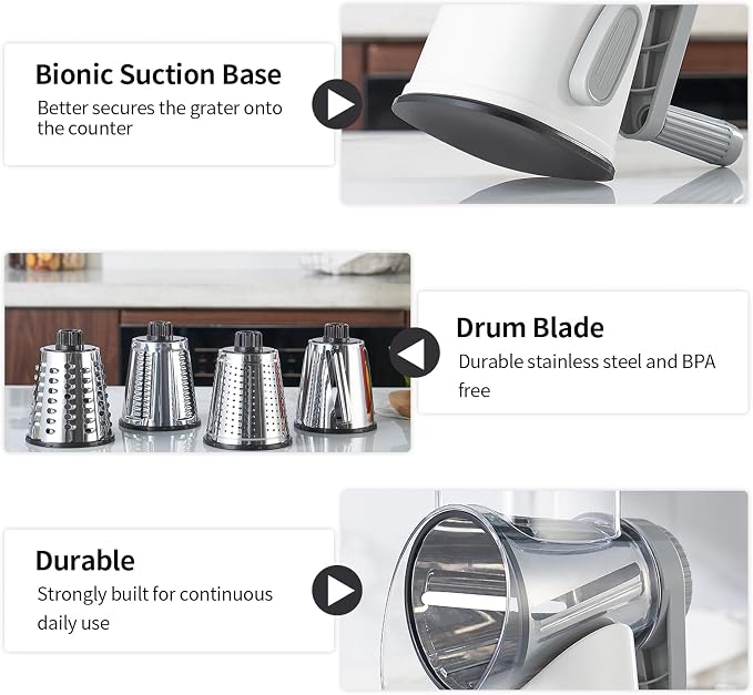 Weltonhm Rotary Cheese Grater with 4 Blades, Hand Crank Cheese Grater with Waffle Slicer, Black and White Cheese Slicer with Suction Base, Easier for Shredding& Grating (White and Grey, 4 Graters)