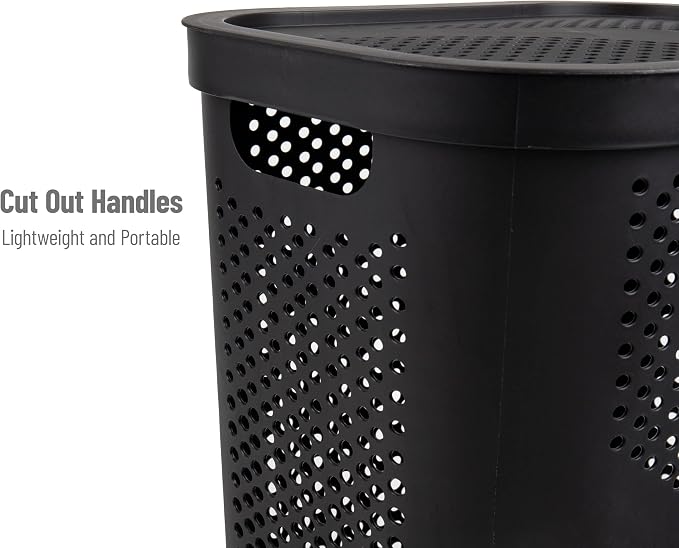 Mind Reader Slim Laundry Hamper with Lid, 60L Ventilated Clothes Baskets, Tapered Design for Bathrooms, Closets, Plastic, Set of 2, Black