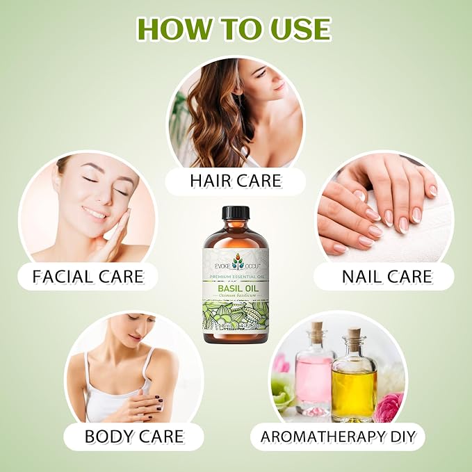 EVOKE OCCU Basil Essential Oil for Diffuser, DIY & Herbal | Fresh, Herbaceous Scent for Candle Making, Soap, Massage & Skin. Pure Basil Oil - 118mL / 4 fl.oz