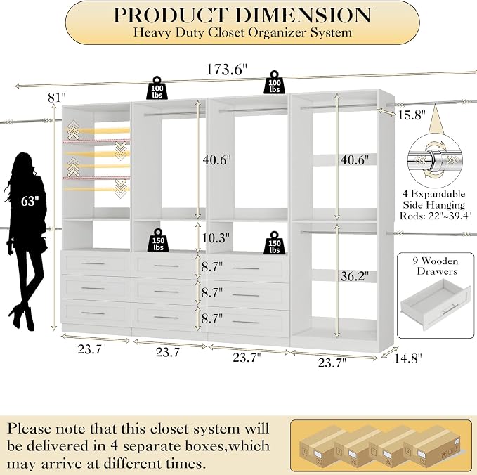 Closet System with 4 Sets, 8-21FT Closet Organizer System with 9 Drawers & 6 Shelves & 8Hanging Rods, Custom L-Shaped Walk in Closet Organizers and Storage System, Modular Closet Shelving System,White