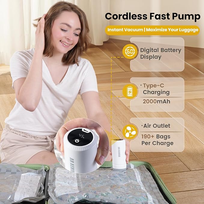 12 Pack Vacuum Storage Bags for Travel with Digital Display Air Pump,Carry-on Packing Bags for Luggage and Suitcase,Space Saver for Clothes