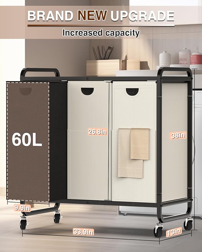 Laundry Sorter 3 Section,Laundry Basket with Wheels,3×15.8 Gal (60L) | Laundry Room Organization with Wooden Desktop Shelf,Pull-Out and Removable 900D Oxford Fabric Laundry Bags for Laundry Room