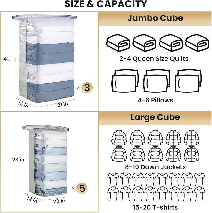 TAILI 8 Pack Vacuum Storage Bags, Cube Space Saver Bags Combo(3 Jumbo +5 Medium), Vacuum Seal Bags for Bedding, Clothing, Comforters, Blankets, No Pump Compression Cube, 2 Size, Cream