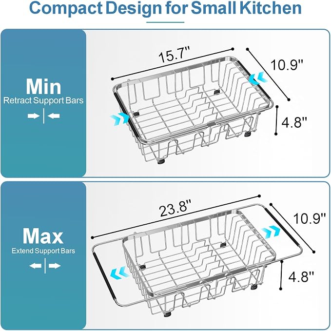 GSlife Dish Drying Rack Over the Sink with Twist-Lock Extendable Handle | Stainless Steel Dish Drainer with Cup Holder and Utensil Holder for Small Kitchen, Apartment, RV, Rustproof, Silver