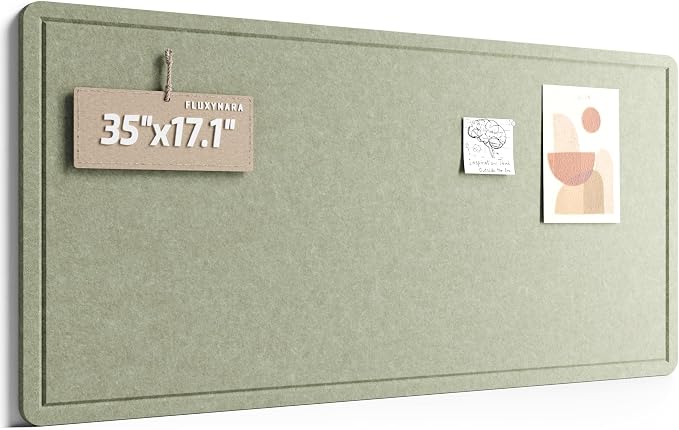 Fluxynara 35" x 17.1" Bulletin Board, Sage | Cork Board Alternative with 12 Removable Adhesive Tabs, Foldable Felt Pin Board for Home, Office, Classroom & Dorm