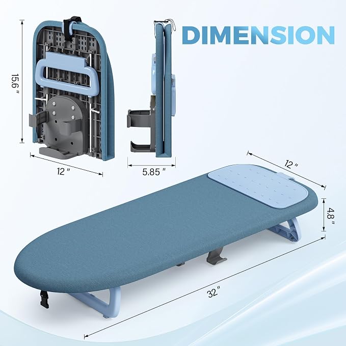 KINGBOARD Small Ironing Board with Iron Holder,Space Saving 12x32 Blue | Tabletop Ironing Board with Heat Resistant Cover, Foldable Mini Iron Board with Non-Slip Feet, Easy Storage for Travel & Dorm