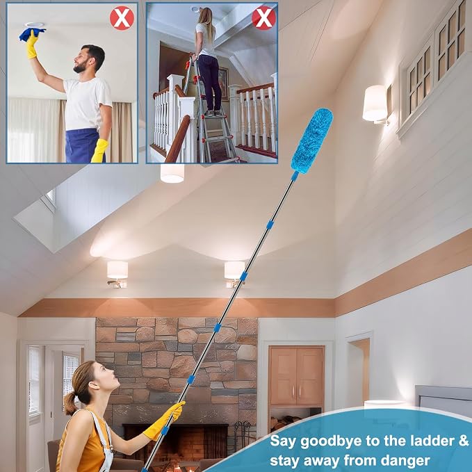 20+ Ft High Reach Ceiling Fan Duster & Cobweb & Corner Brush Duster with 3-13 ft Extension Pole, Microfiber Feather Duster with Washable Head for Ceiling Fan, Furniture, Home Cleaning