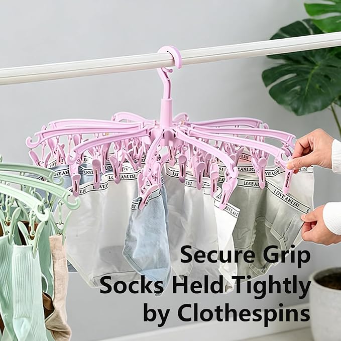 Clothes Sock Drying Hanger with 40 Clips,Foldable Hanging Rack | for Drying Socks Lingerie Baby Clothes Drying Towels Rotatable Sock Drying Rack with 40 Pegs Clips(Green)