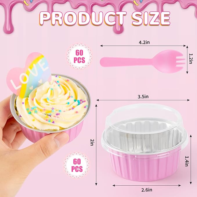 60Pcs Mini Loaf Pans with Lids and Spoons, Aluminum Foil Baking Pans, Round Mini Cake Pan, Brownie Baking Cups for Picnics Party (Pink)