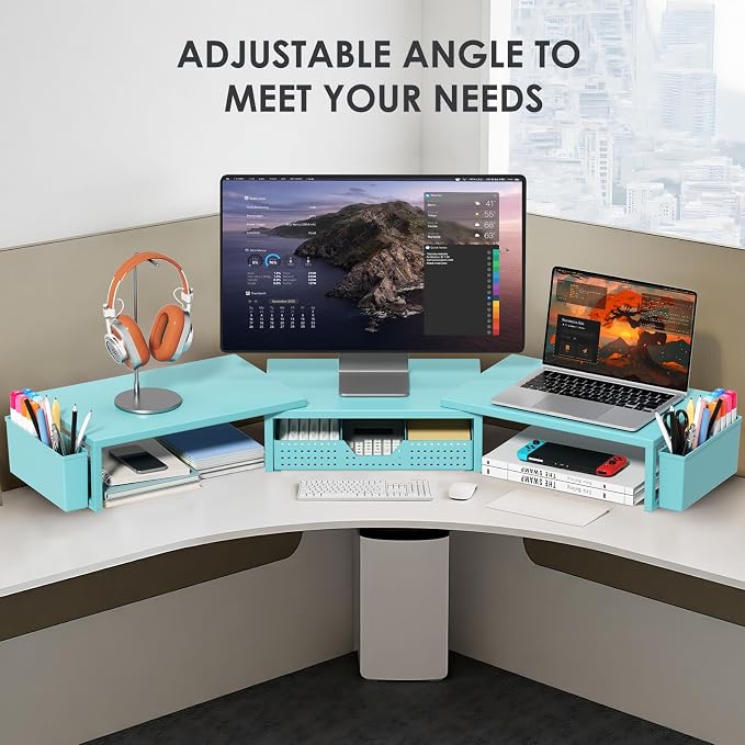 OPNICE Desk Organizers and Accessories, Dual Monitor Stand Riser with Drawer and 2 Pen Holders, Desk Shelf Computer Monitor Stand for Office Workspace Organizers, Desktop Organization (Blue)