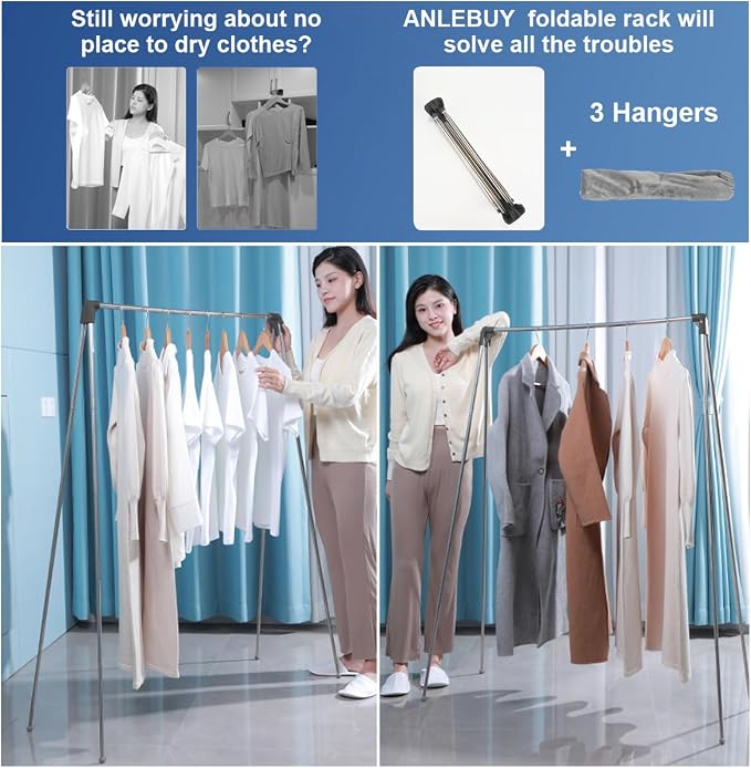 Portable Garment Rack, Folding Clothes Rack Collapsible Clothing Rack for Dance, Travel, Camping, Laundry, Indoor, Outdoor, Drying, RV, Mini Compact Racks Black + 3 Mini Clothes Hangers