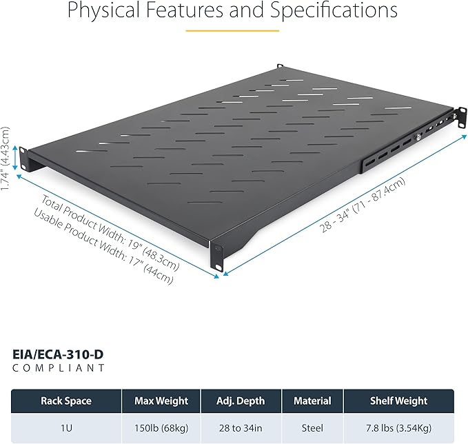 StarTech 1U 4-Post Vented Rack Shelf, 28-34.4in, 150lb (ADJSHELFV-Rack) | Adjustable depth 71.1-87.3cm, 150lb/68kg capacity, Cold-rolled steel, M5 hardware