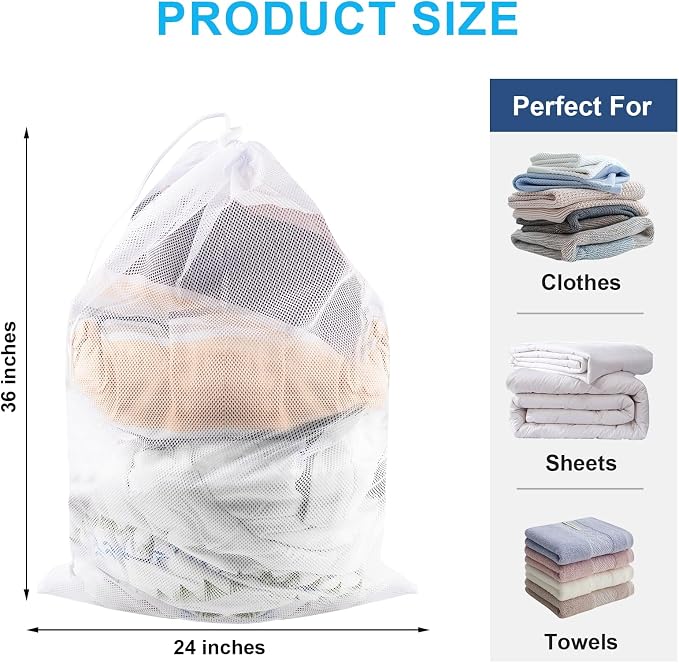 2 Pack Large Mesh Laundry Bags, 24" x 36" Heavy Duty Strong | Drawstring Dirty Clothes Bag, with Soft Breathable Net, Machine Washable, For College, Dorm, Camp, Travel ＆ Family Use(White)