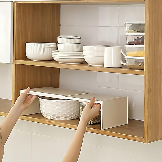 Cabinet Shelf Expandable Organizer Riser Storage Space Saver Stackable for Kitchen Pantry Cupboard Under Sink Countertop White Simple Houseware Counter (White)