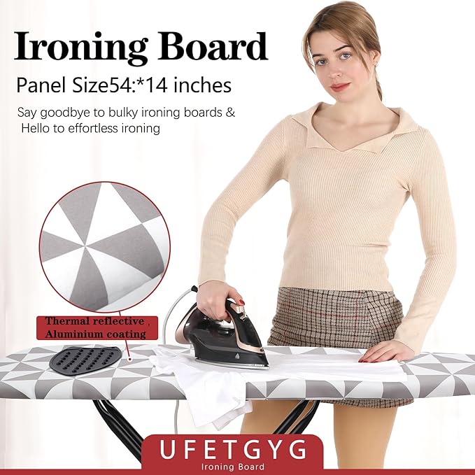 UFETGYG Ironing Board with Silicone Iron Rest pad,Extra Thick Cover,14x54 Compact and Space Saver Iron Board, Height Adjustable,Stable Structure, Easy to Fold, Gray and White