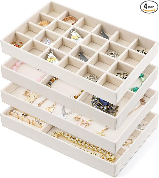 Jewelry Drawer Organizer Tray Set of 4 Stackable Velvet Jewelry Trays Drawer Inserts Organizer Case Set for Women Jewlery Storage Display Tray for Earrings, Rings, Necklaces, Bracelets, Watch (Beige)