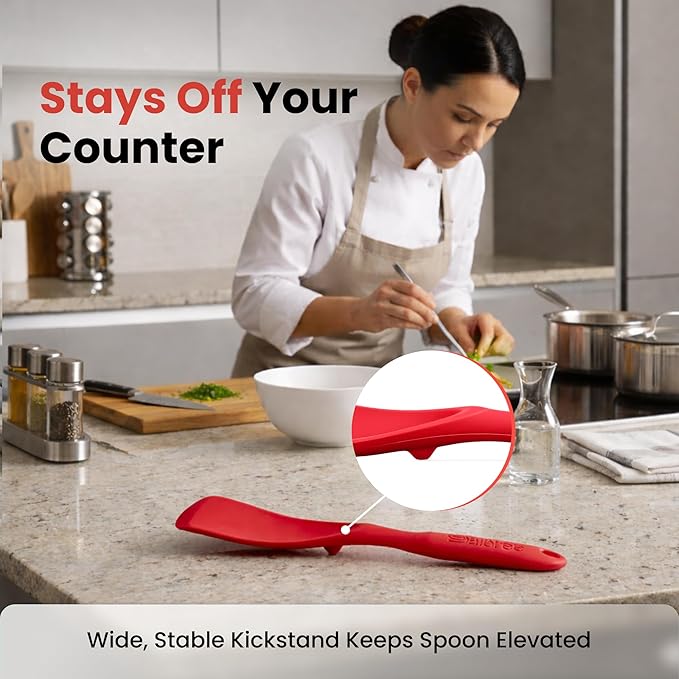 Silicone Spoon Spatula for Cooking - Multifunction Scoop Spatula Spoonula - Heat Resistant Cooking Spoon for Nonstick Cookware - Large Silicone Kitchen Spoon - Seamless Design (Black/Red,2pcs)