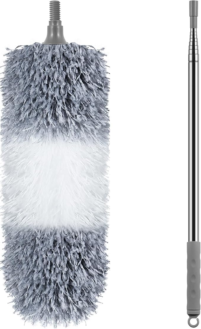 Microfiber Feather Duster, 110 Inch Extendable Telescoping Pole Duster with Bendable Washable Head, Long Handle Cleaning Duster for Ceiling Fan, High Ceiling, Blinds, Furniture and Cars(Gray)