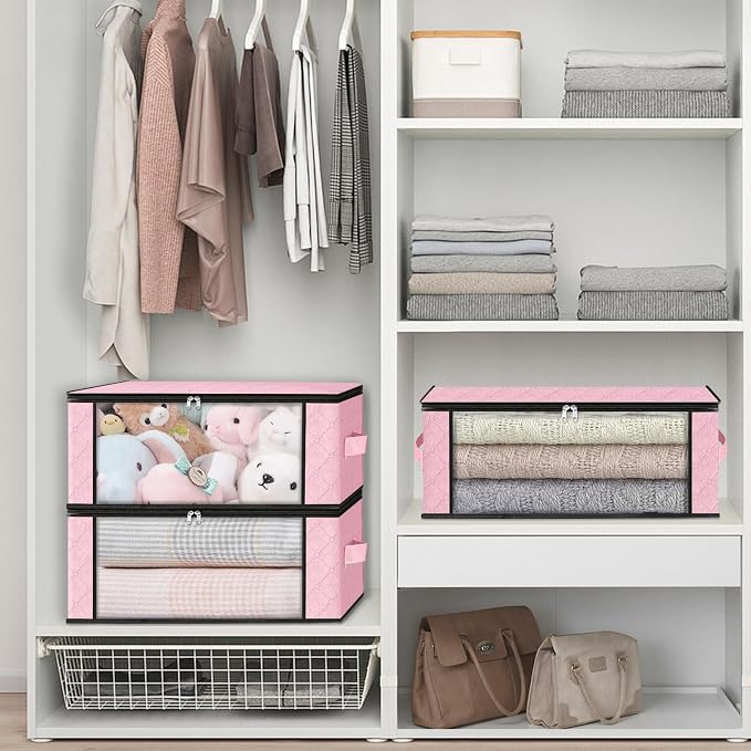 HomeHacks Storage 4-Pack Clothes Organizer Storage Bags Foldable Storage Box with Large Clear Window Sturdy Handles for Closet, Dorm, Pillows, Bedding, Clothes, Blankets, 35L, Pink