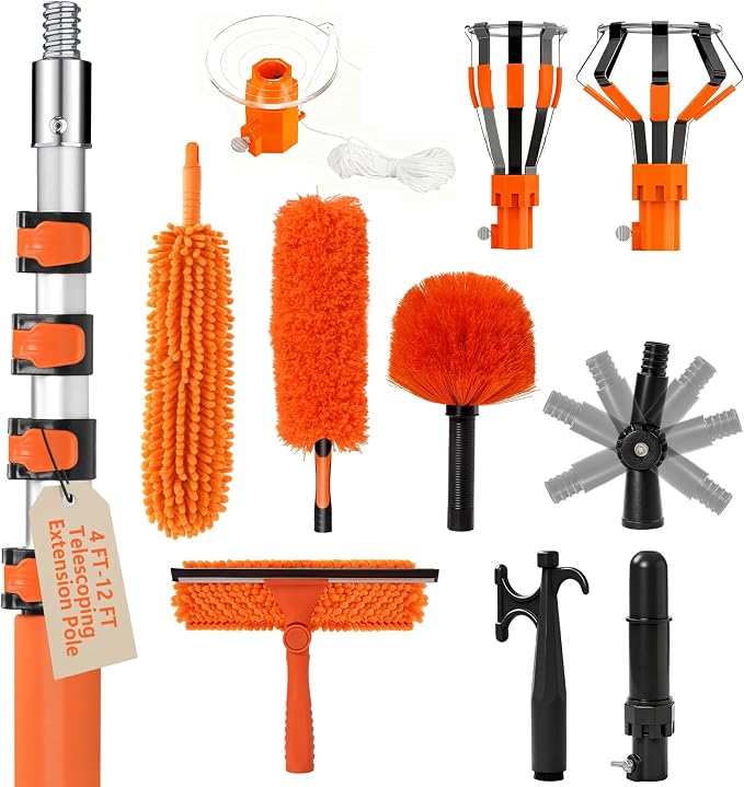 20FT Light Bulb Changer for High Ceilings Kit with Extension Pole Orange | Telescoping Lightbulb Changing Pole,Cobweb Brush Extendable Duster,Ceiling Fan Cleaner and Window Squeegee Cleaning