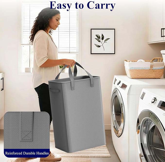 Optish 75L Slim Laundry Hamper, Large Laundry Basket With Handles, Narrow Laundry Basket for Dorm, Bedroom, Living Room, Collapsible Laundry Hamper, Grey