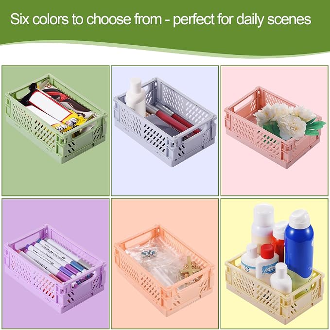 HUUSMOT 6-Pack Collapsible Small Plastic Storage Baskets, 5.9"x3.8"x2.2" | Pastel, Space-Saving, Collapsible Plastic Bins, Cute Mini Storage Crates, for Classroom, Kitchen, Office, Bedroom