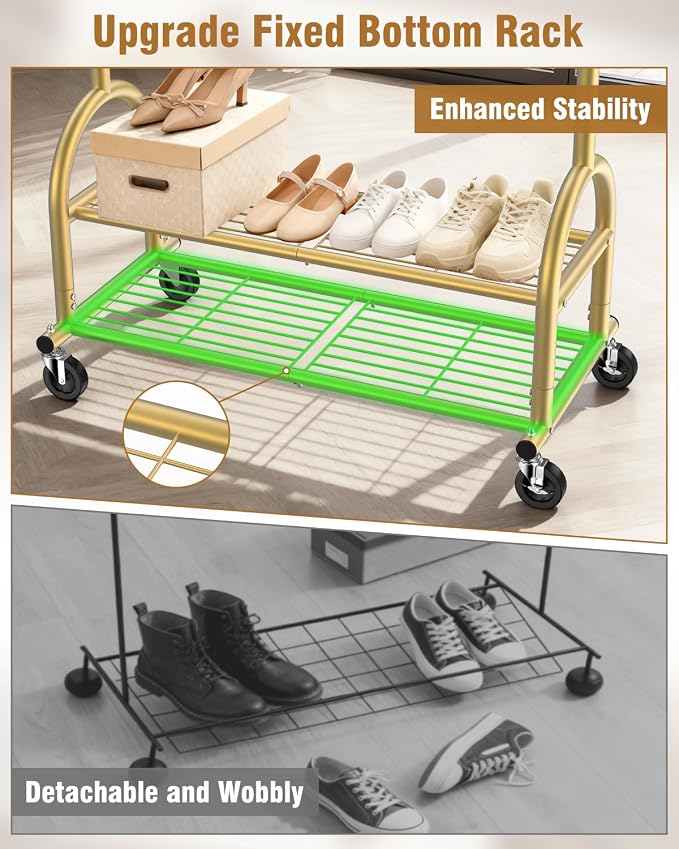 EAGMAK Heavy Duty Clothes Rack for Hanging Clothes Load 556 LBS, Height Adjustable Rolling Clothing Racks, Portable Metal Coat Rack Garment Wardrobe with Wheels and Shelves for Bedroom Laundry, Gold